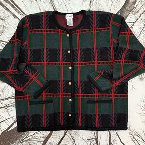 Liz Baker Red and Black Striped Sweater Size Large Button up